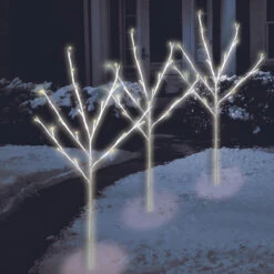 Northlight Set Of 3 LED Lighted Twinkling White Twig Tree Christmas Pathway Markers 30", Warm White Lights