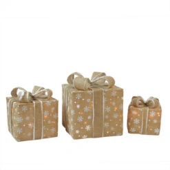 Northlight Lighted Snowflake Burlap Gift Boxes Outdoor Christmas Decorations - Clear - Set Of 3