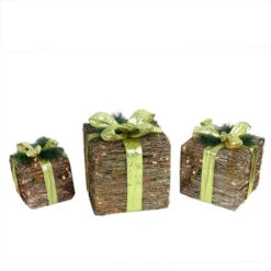 Northlight Lighted Glitter Rattan Gift Boxes Christmas Decoration - 12" - Clear Lights - Set Of 3
