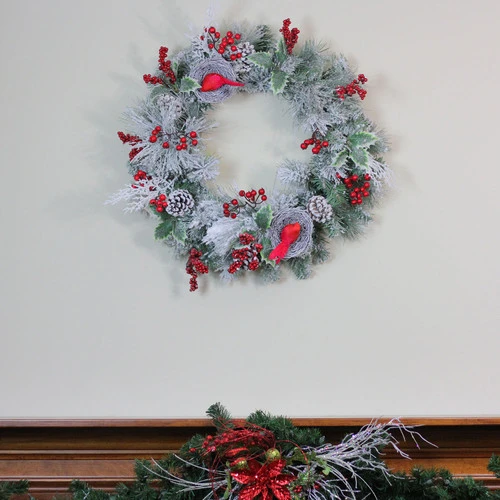 Northlight Berries And Cardinals Nests Flocked Pine Artificial Christmas Wreath - 24" - Unlit 3 Northlight Berries And Cardinals Nests Flocked Pine Artificial Christmas Wreath - 24" - Unlit - Image 3