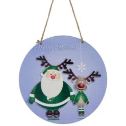 Northlight 8" Blue And Green Santa And Reindeer "Merry Christmas" Disc Ornament