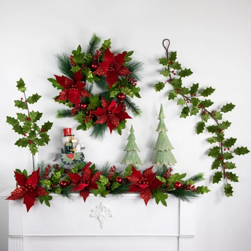 Northlight Glittered Holly With Berry Christmas Garland - 3.5' X 9" - Unlit 2 Northlight Glittered Holly With Berry Christmas Garland - 3.5' X 9" - Unlit - Image 2