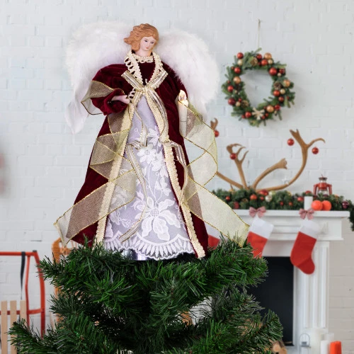 Northlight Angel With Lighted Candle Christmas Tree Topper - 14" - Burgundy And White 2 Northlight Angel With Lighted Candle Christmas Tree Topper - 14" - Burgundy And White - Image 2