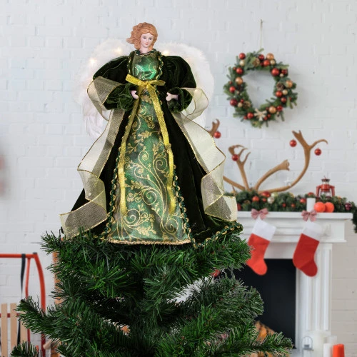 Northlight Angel With Lighted Wings Christmas Tree Topper - 14" - Green And Gold 2 Northlight Angel With Lighted Wings Christmas Tree Topper - 14" - Green And Gold - Image 2