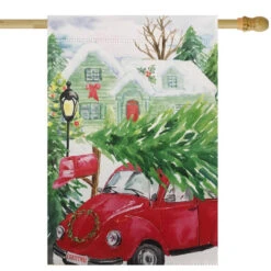 Northlight Red Car And Christmas Tree Outdoor House Flag 20" X 48"