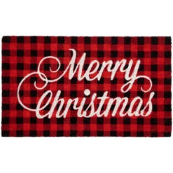 Red And Black Plaid "Merry Christmas" Natural Coir Christmas Outdoor Doormat 18" X 30"