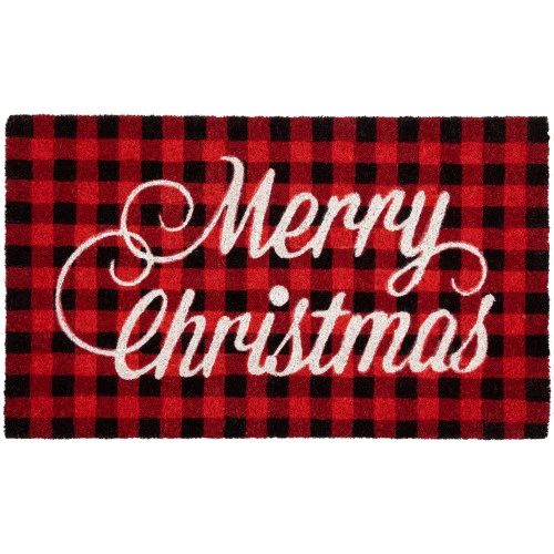 Red And Black Plaid "Merry Christmas" Natural Coir Christmas Outdoor Doormat 18" X 30" 1 Red And Black Plaid "Merry Christmas" Natural Coir Christmas Outdoor Doormat 18" X 30"