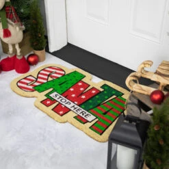 Northlight Red And Green "Santa Stop Here" Outdoor Christmas Doormat 18" X 30" -Winter Decor Store northlight fw94658 styled2 23530.1693409622
