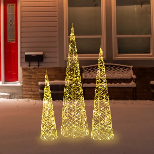 Northlight Set Of 3 LED Twinkle Lighted Gold Mesh Cone Trees Outdoor Christmas Decorations 39.5" 2 Northlight Set Of 3 LED Twinkle Lighted Gold Mesh Cone Trees Outdoor Christmas Decorations 39.5" - Image 2