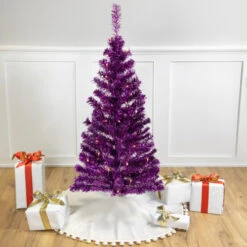 Northlight 4' Pre-Lit Purple Tinsel Artificial Christmas Tree- Clear Lights, Purple Wire