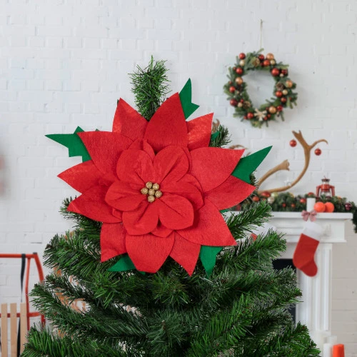 29" Red Poinsettia Tie-On Christmas Tree Topper, Unlit 2 29" Red Poinsettia Tie-On Christmas Tree Topper, Unlit - Image 2