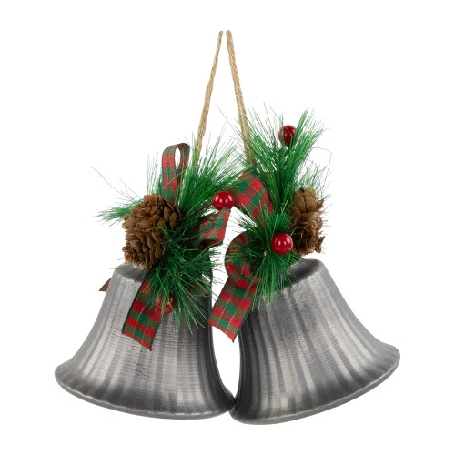 Northlight Bells With Pine Sprigs And Plaid Bow Christmas Ornaments - 7" - Silver - Set Of 2 2 Northlight Bells With Pine Sprigs And Plaid Bow Christmas Ornaments - 7" - Silver - Set Of 2 - Image 2