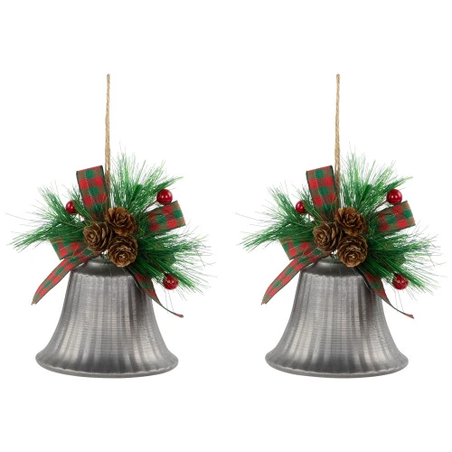 Northlight Bells With Pine Sprigs And Plaid Bow Christmas Ornaments - 7" - Silver - Set Of 2 3 Northlight Bells With Pine Sprigs And Plaid Bow Christmas Ornaments - 7" - Silver - Set Of 2 - Image 3