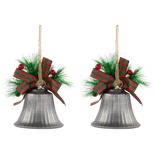 Northlight Bells With Pine Sprigs And Plaid Bow Christmas Ornaments - 7" - Silver - Set Of 2 8 Northlight Bells With Pine Sprigs And Plaid Bow Christmas Ornaments - 7" - Silver - Set Of 2 - Image 8