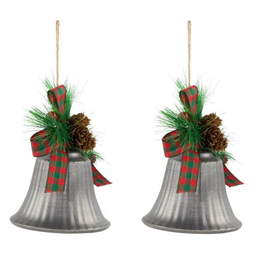 Northlight Bells With Pine Sprigs And Plaid Bow Christmas Ornaments - 7" - Silver - Set Of 2 6 Northlight Bells With Pine Sprigs And Plaid Bow Christmas Ornaments - 7" - Silver - Set Of 2 - Image 6