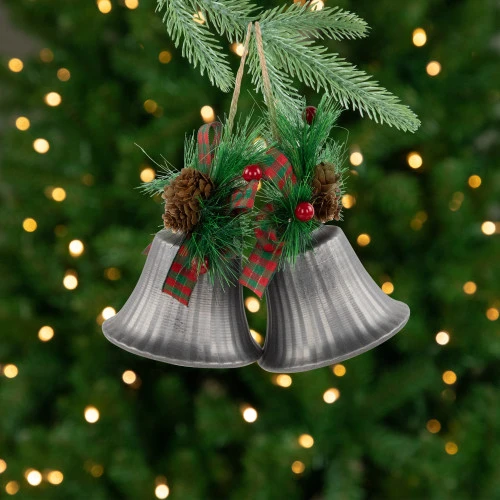Northlight Bells With Pine Sprigs And Plaid Bow Christmas Ornaments - 7" - Silver - Set Of 2 1 Northlight Bells With Pine Sprigs And Plaid Bow Christmas Ornaments - 7" - Silver - Set Of 2