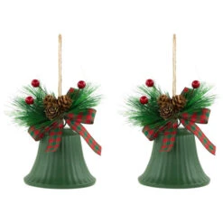 Northlight Christmas Bells With Pinecones And Plaid Bow Ornaments - 7" - Green - Set Of 2 -Winter Decor Store northlight nj96014 02 33278.1721868334