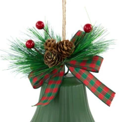 Northlight Christmas Bells With Pinecones And Plaid Bow Ornaments - 7" - Green - Set Of 2 -Winter Decor Store northlight nj96014 03 82193.1721868334