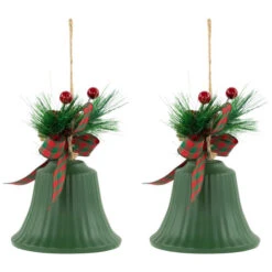 Northlight Christmas Bells With Pinecones And Plaid Bow Ornaments - 7" - Green - Set Of 2 -Winter Decor Store northlight nj96014 04 04877.1721868334