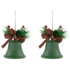Northlight Christmas Bells With Pinecones And Plaid Bow Ornaments - 7" - Green - Set Of 2 -Winter Decor Store northlight nj96014 06 72278.1721868333
