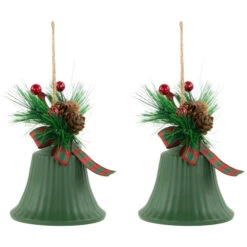 Northlight Christmas Bells With Pinecones And Plaid Bow Ornaments - 7" - Green - Set Of 2 -Winter Decor Store northlight nj96014 07 28046.1721868334