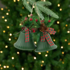Northlight Christmas Bells With Pinecones And Plaid Bow Ornaments - 7" - Green - Set Of 2