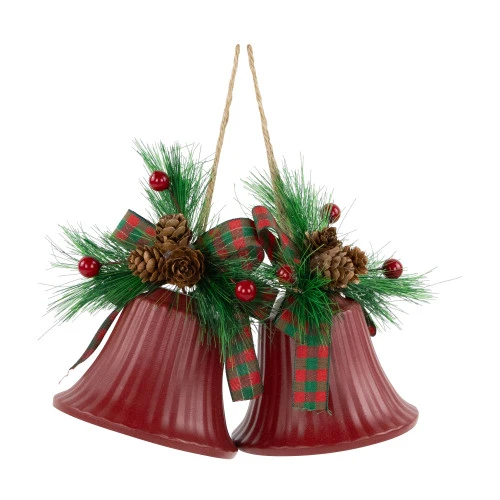 Northlight Bells With Pine Sprigs And Bow Christmas Ornaments- 7" - Red - Set Of 2 2 Northlight Bells With Pine Sprigs And Bow Christmas Ornaments- 7" - Red - Set Of 2 - Image 2