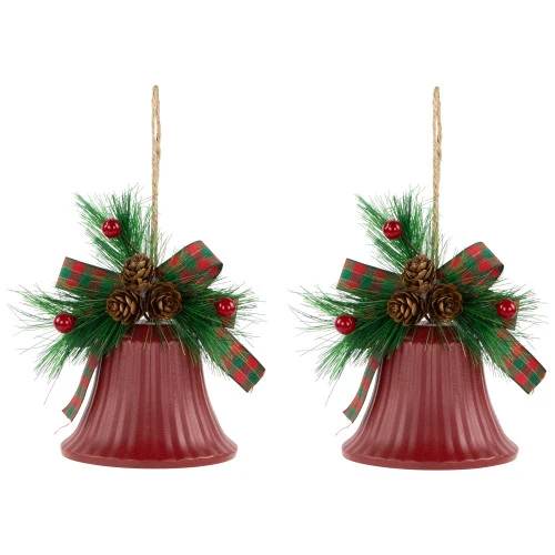 Northlight Bells With Pine Sprigs And Bow Christmas Ornaments- 7" - Red - Set Of 2 3 Northlight Bells With Pine Sprigs And Bow Christmas Ornaments- 7" - Red - Set Of 2 - Image 3
