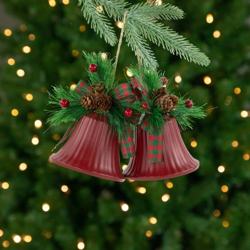Northlight Bells With Pine Sprigs And Bow Christmas Ornaments- 7" - Red - Set Of 2 1 Northlight Bells With Pine Sprigs And Bow Christmas Ornaments- 7" - Red - Set Of 2
