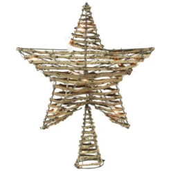 11" Lighted Rattan Twigs Star Christmas Tree Topper- Clear Lights, White Wire