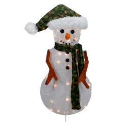 Northlight 24" Lighted White And Green Chenille Snowman Outdoor Christmas Decoration