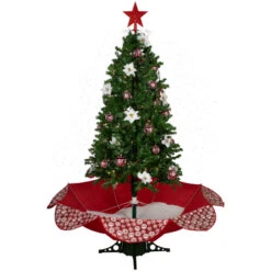 Northlight 6' Green And Red Musical Lighted Snowing Artificial Christmas Tree, White LED Lights