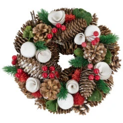 Northlight White Wooden Rose, Pine Cone And Berry Artificial Christmas Wreath, 10-Inch, Unlit