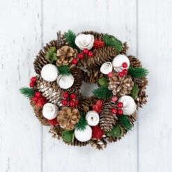 Northlight White Wooden Rose, Pine Cone And Berry Artificial Christmas Wreath, 10-Inch, Unlit -Winter Decor Store northlight sh36203 woodfloor 22374.1700759449