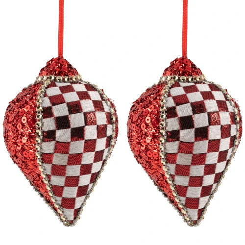 Northlight Sequined And Checkered Teardrop Christmas Ornaments - 4.75" - Red - Set Of 2 2 Northlight Sequined And Checkered Teardrop Christmas Ornaments - 4.75" - Red - Set Of 2 - Image 2