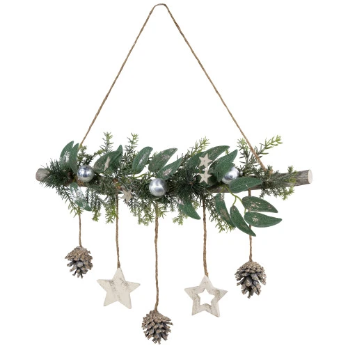 Northlight Glittered Holly Branch With Stars And Pinecones Christmas Wall Decoration - 20.75" - Silver 3 Northlight Glittered Holly Branch With Stars And Pinecones Christmas Wall Decoration - 20.75" - Silver - Image 3