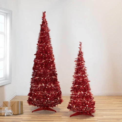 Northlight 4' Pre-Lit Red Pop-Up Tinsel Christmas Tree, Clear Lights 2 Northlight 4' Pre-Lit Red Pop-Up Tinsel Christmas Tree, Clear Lights - Image 2