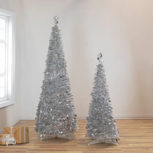 Northlight 4' Silver Tinsel Pop-Up Artificial Christmas Tree, Unlit 2 Northlight 4' Silver Tinsel Pop-Up Artificial Christmas Tree, Unlit - Image 2