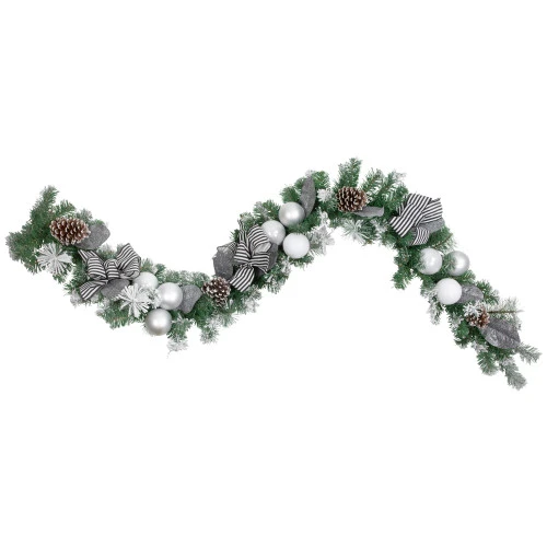 Northlight 6' Frosted Pine Artificial Christmas Garland With Striped Bows And Ornaments 1 Northlight 6' Frosted Pine Artificial Christmas Garland With Striped Bows And Ornaments