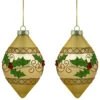 Northlight Set Of 2 Golden Glitter Holly Finial Christmas Glass Ornaments 5"