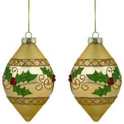 Northlight Set Of 2 Golden Glitter Holly Finial Christmas Glass Ornaments 5"