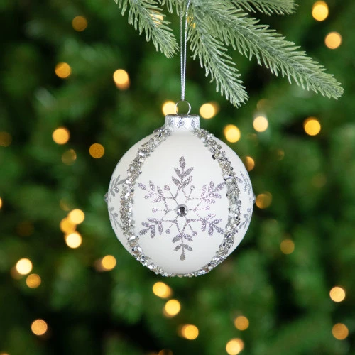 Northlight Set Of 2 Matte White Sequin Glitter Snowflake Glass Christmas Ornaments 4" 2 Northlight Set Of 2 Matte White Sequin Glitter Snowflake Glass Christmas Ornaments 4" - Image 2