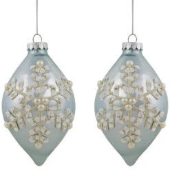 Northlight Set Of 2 Shiny Artic Blue Textured Snowflakes Finial Christmas Glass Ornaments 5"