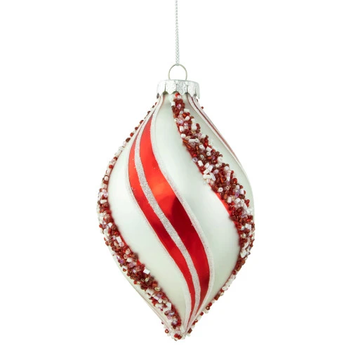 Northlight Set Of 2 White And Red Glitter And Beads Striped Finial Glass Christmas Ornaments 5.5" 1 Northlight Set Of 2 White And Red Glitter And Beads Striped Finial Glass Christmas Ornaments 5.5"