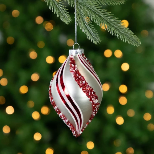 Northlight Set Of 2 White And Red Glitter And Beads Striped Finial Glass Christmas Ornaments 5.5" 2 Northlight Set Of 2 White And Red Glitter And Beads Striped Finial Glass Christmas Ornaments 5.5" - Image 2