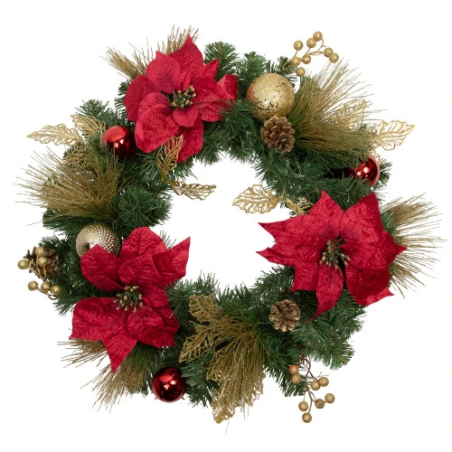 Poinsettias And Ball Ornaments Artificial Christmas Wreath - 24-Inch, Unlit 1 Poinsettias And Ball Ornaments Artificial Christmas Wreath - 24-Inch, Unlit