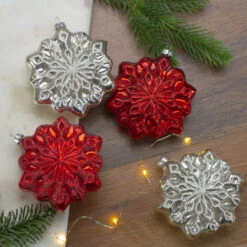 Northlight 4ct Red And Silver Glass Snowflake Hanging Christmas Decorations 3.75-Inch (100mm) -Winter Decor Store northlight wy88839 4 34031.1621620563