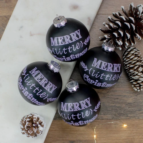 4ct Matte Black Merry Little Christmas Glass Ball Ornaments 2.5-Inch (65mm) 2 4ct Matte Black Merry Little Christmas Glass Ball Ornaments 2.5-Inch (65mm) - Image 2