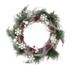 Northlight Snowflakes And Berries Winter Foliage Christmas Wreath - 13" - Unlit