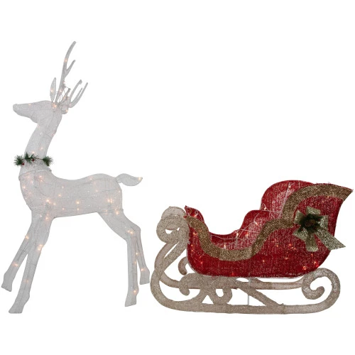 Northlight 51" Lighted White Reindeer With Sleigh Christmas Decoration 1 Northlight 51" Lighted White Reindeer With Sleigh Christmas Decoration
